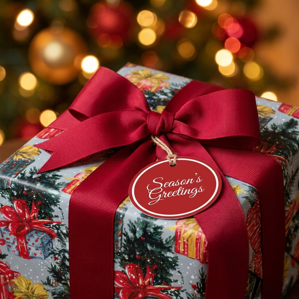 Christmas wrapping paper with holiday tree print and elegant red bow by Wrapped Studios.