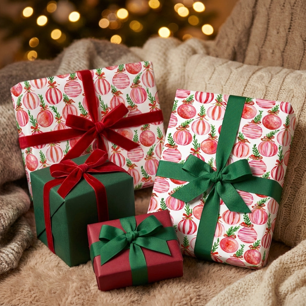 Festive pink watercolor ornament Christmas gift wrap by Wrapped Studios, tied with green and red velvet ribbons.