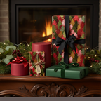 Gifts wrapped in elegant Christmas wrapping paper with trees and solid-color boxes, near a cozy fireplace.