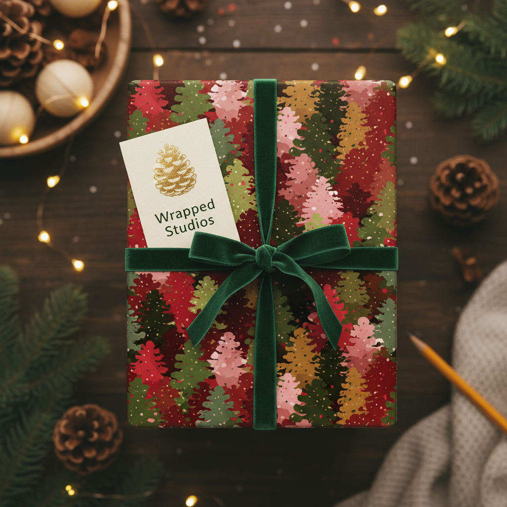 Christmas gift wrapped in festive tree print paper with a velvet green ribbon bow.