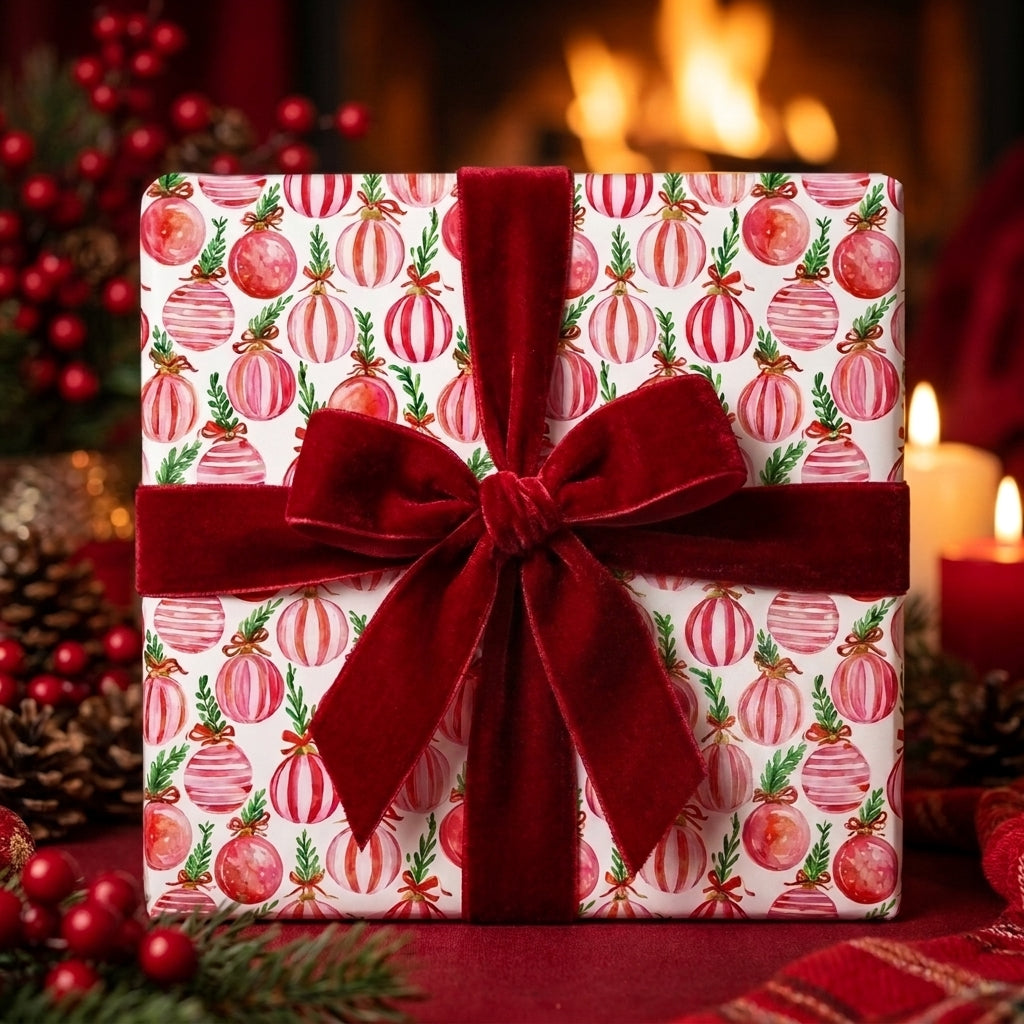 Christmas ornament wrapping paper by Wrapped Studios with a luxury red velvet bow in a cozy holiday fireplace scene.