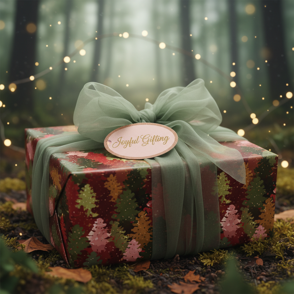 Christmas gift wrapped in elegant tree print paper with a sage green ribbon, presented outdoors.