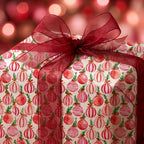 Watercolor Christmas wrapping paper with pink and red ornaments and a sheer bow by Wrapped Studios.