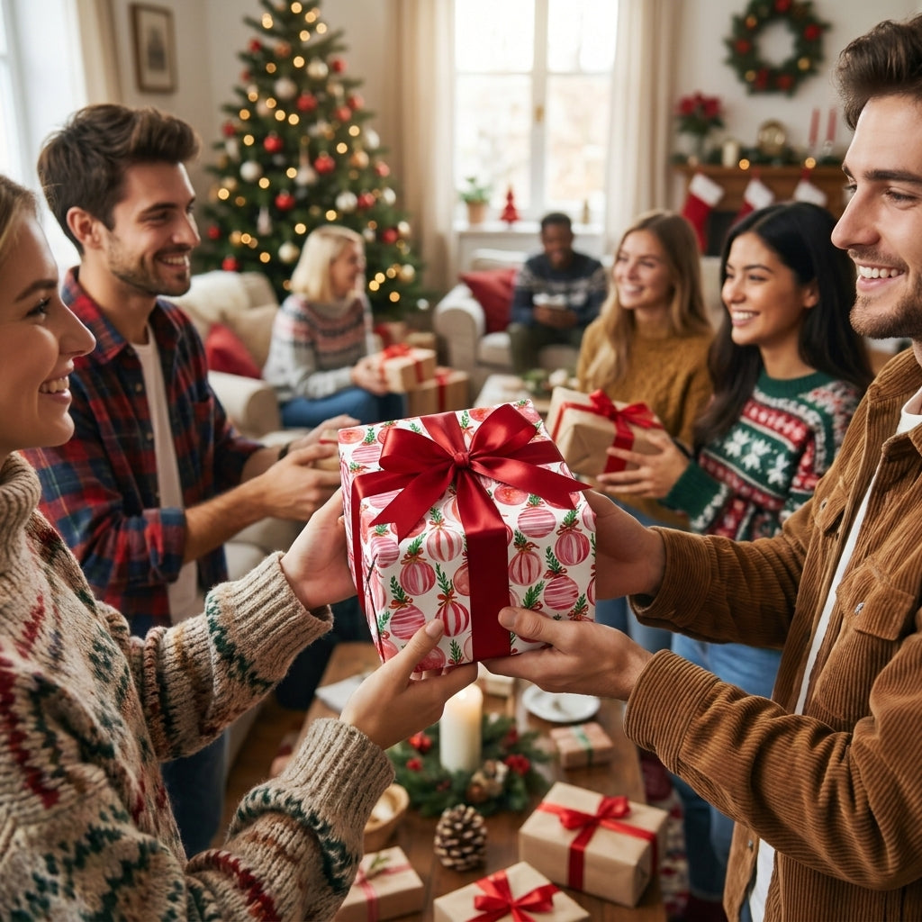 Friends exchanging presents wrapped in red ornament Christmas gift wrap by Wrapped Studios.