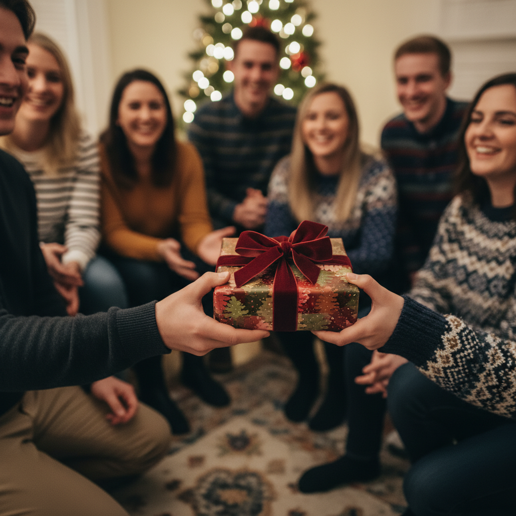 Hands exchanging a Christmas gift wrapped in festive paper with a velvet red bow.