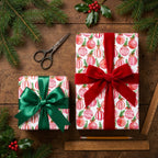 Watercolor ornament Christmas wrapping paper on gifts with red and green bows, by Wrapped Studios.