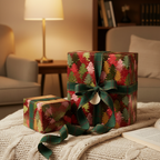 Festive Christmas gift wrap with tree pattern and green plaid ribbon on cozy blanket.