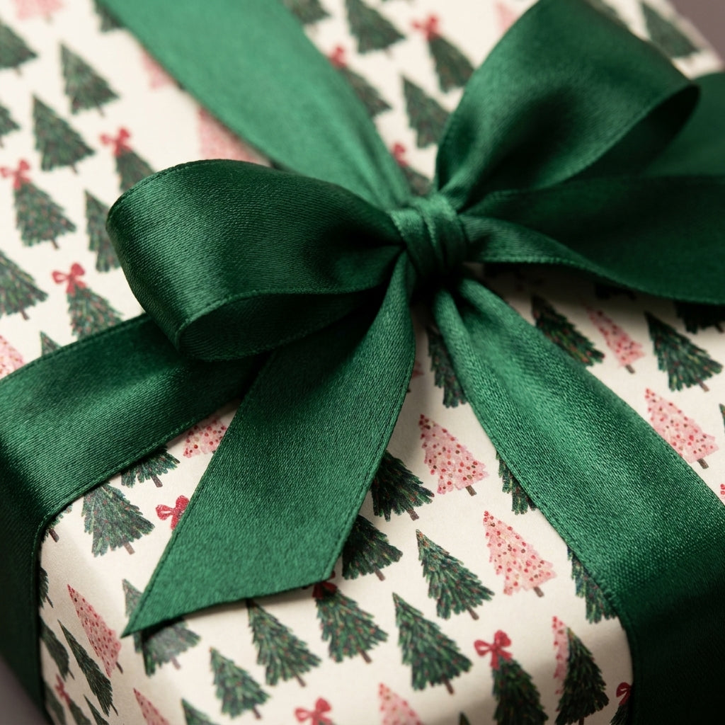Luxury holiday gift wrap with a forest green satin bow and Christmas tree pattern by Wrapped Studios.