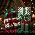 Luxury Christmas wrapping paper with green tree pattern and velvet ribbons by Wrapped Studios.