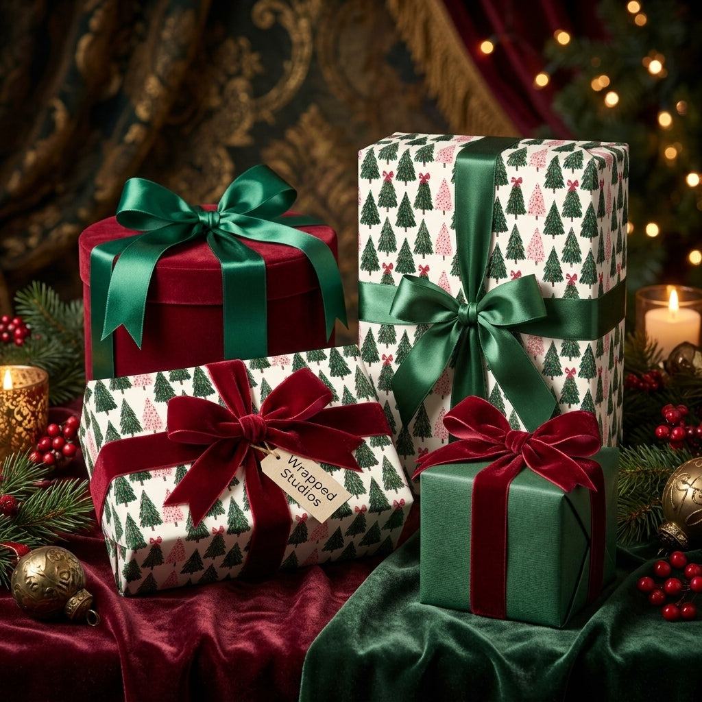 Luxury Christmas wrapping paper with green tree pattern and velvet ribbons by Wrapped Studios.