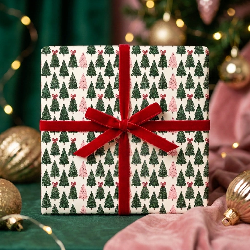 Pink and green Christmas tree wrapping paper with a red velvet bow on a gift box by Wrapped Studios.