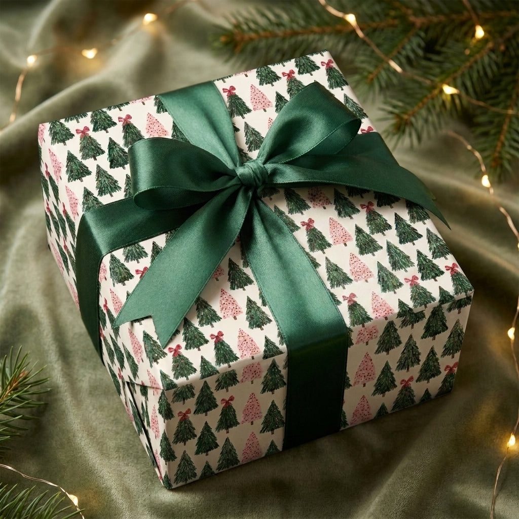 Christmas wrapping paper featuring a pink and green pine tree pattern and green satin bow by Wrapped Studios.