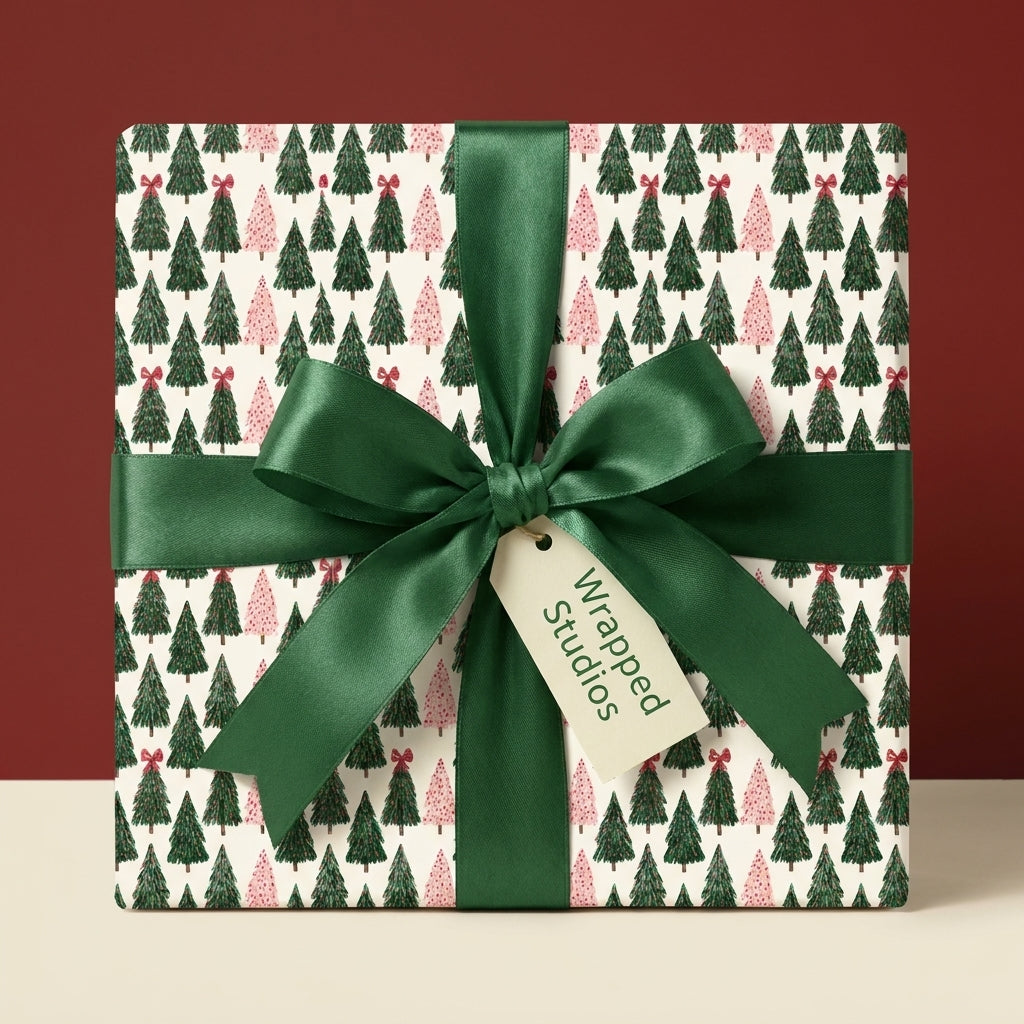 Elegant Christmas tree wrapping paper in green and pink with a satin ribbon bow by Wrapped Studios.