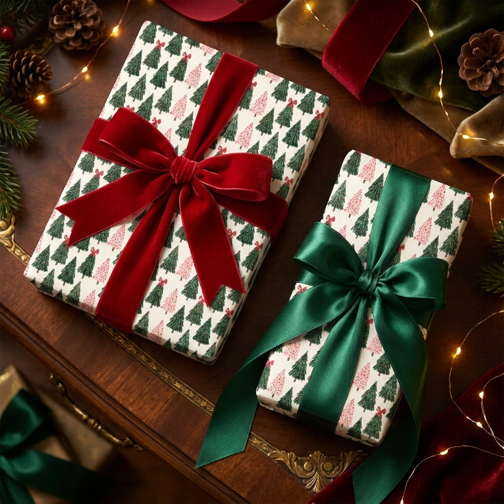 Luxury Christmas tree wrapping paper with red velvet and green satin bows by Wrapped Studios.