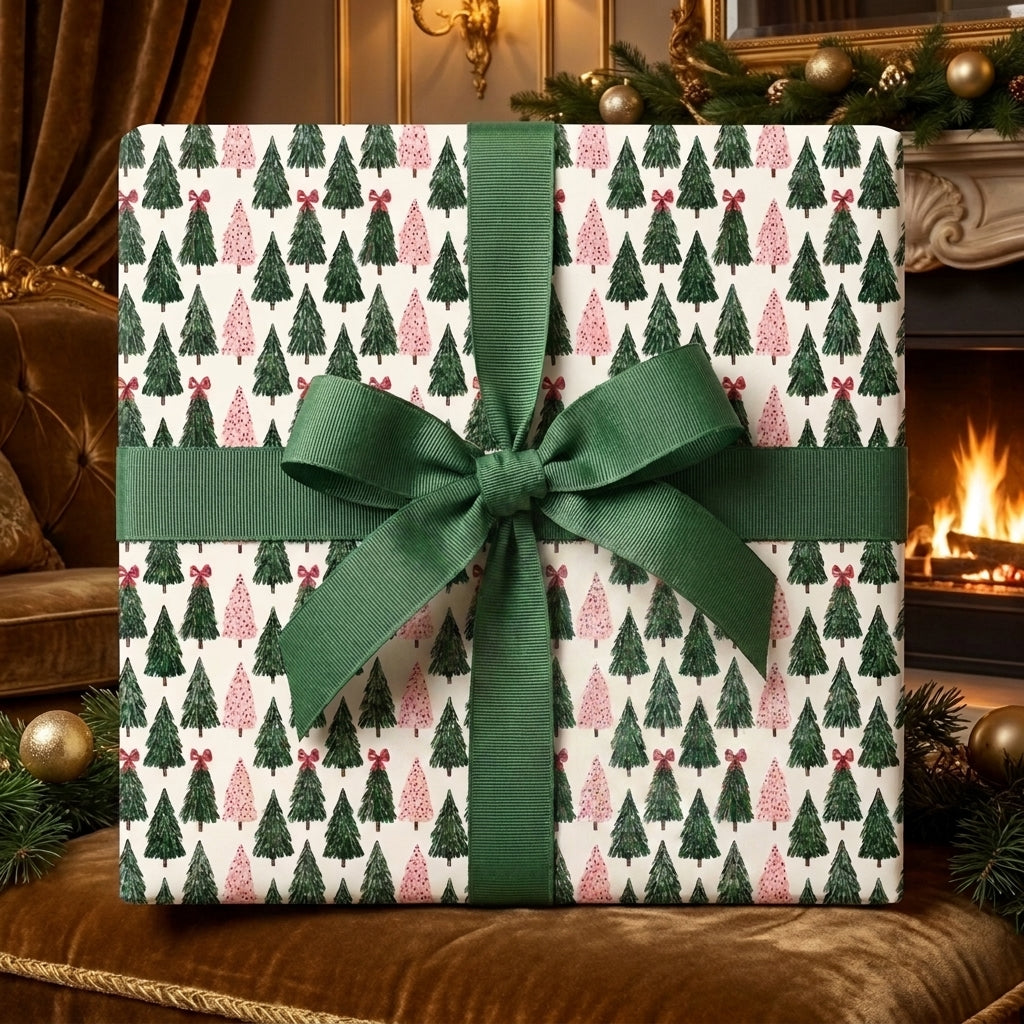 Luxury pink and green Christmas tree wrapping paper with a green ribbon by Wrapped Studios.