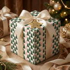 Luxury Christmas gift wrap with green tree pattern and cream satin bow by Wrapped Studios.