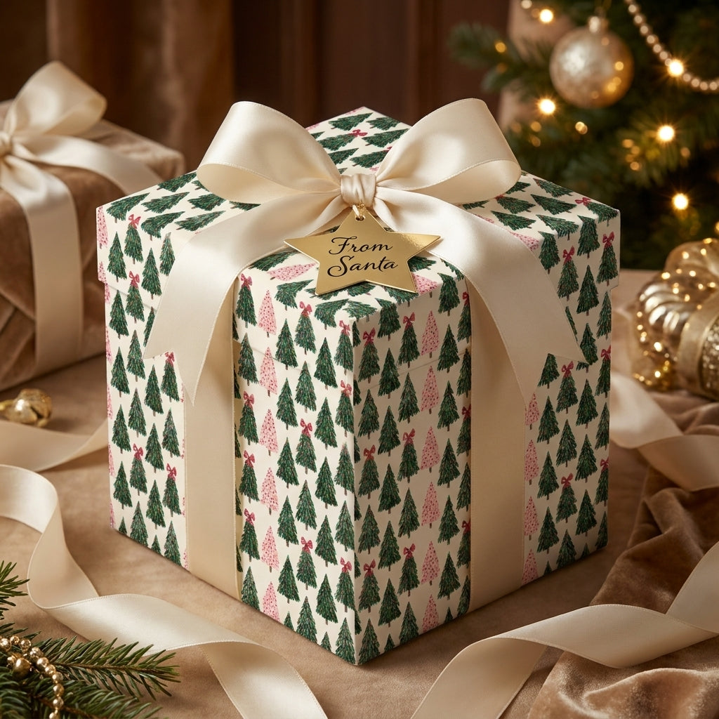 Luxury Christmas gift wrap with green tree pattern and cream satin bow by Wrapped Studios.