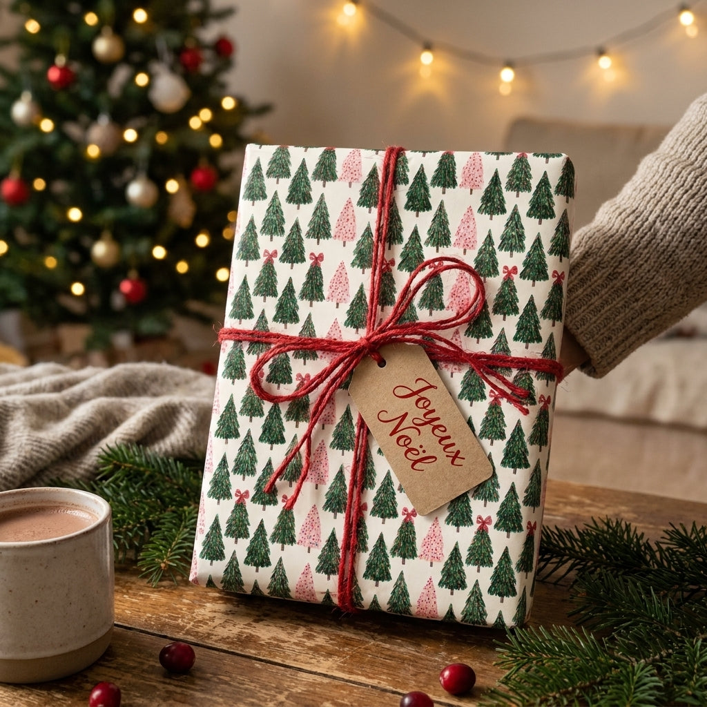 Christmas tree wrapping paper by Wrapped Studios on a holiday gift tied with red twine.