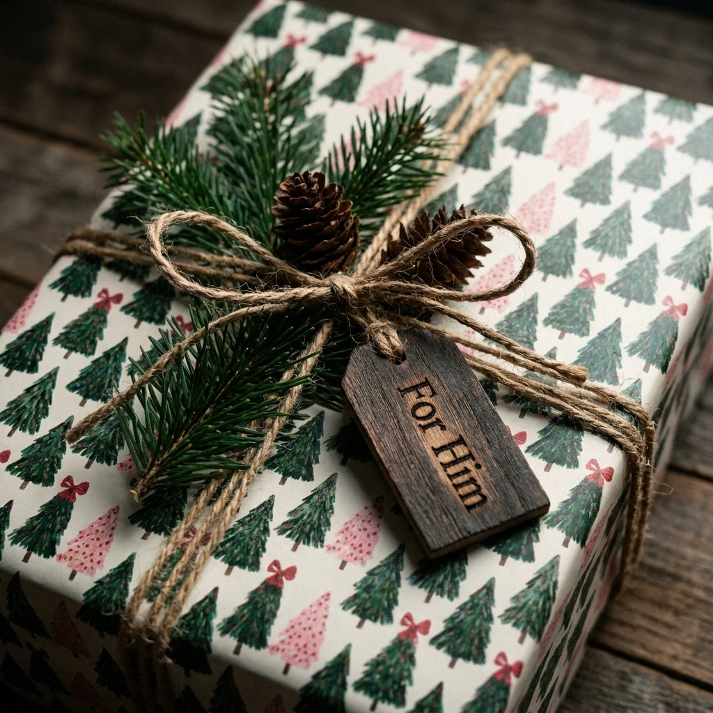 Rustic Christmas wrapping paper with pine tree pattern, twine, and "For Him" tag by Wrapped Studios.