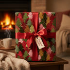 Gift wrapped in festive Christmas tree wrapping paper with red ribbon near a cozy fireplace.
