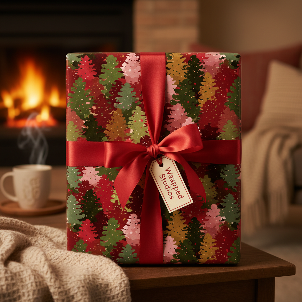 Gift wrapped in festive Christmas tree wrapping paper with red ribbon near a cozy fireplace.