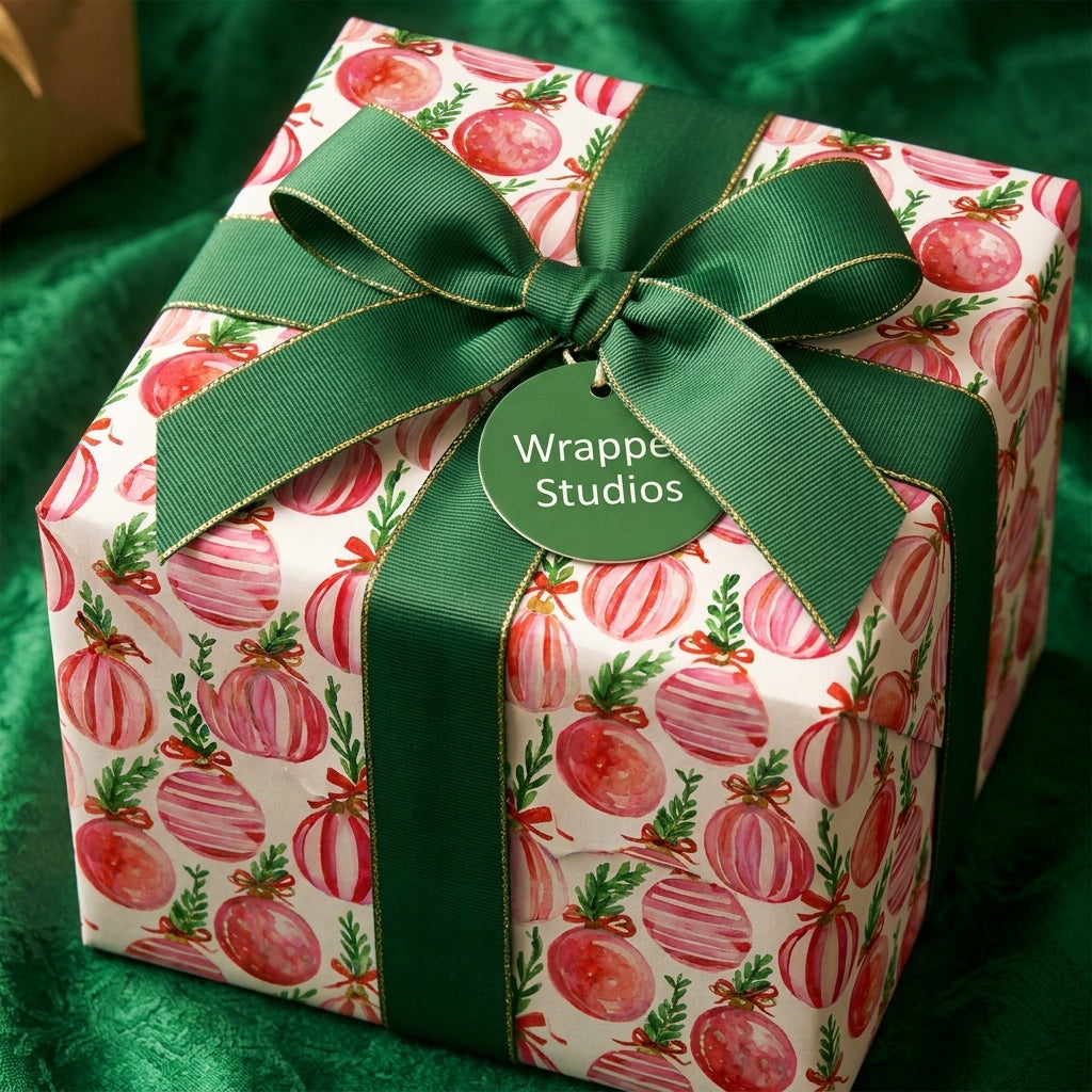 Watercolor pink ornament Christmas gift wrap with a luxury green ribbon by Wrapped Studios.