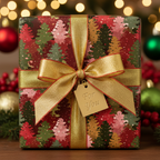 Christmas gift wrapped in tree-patterned paper with gold ribbon and "For You" tag.