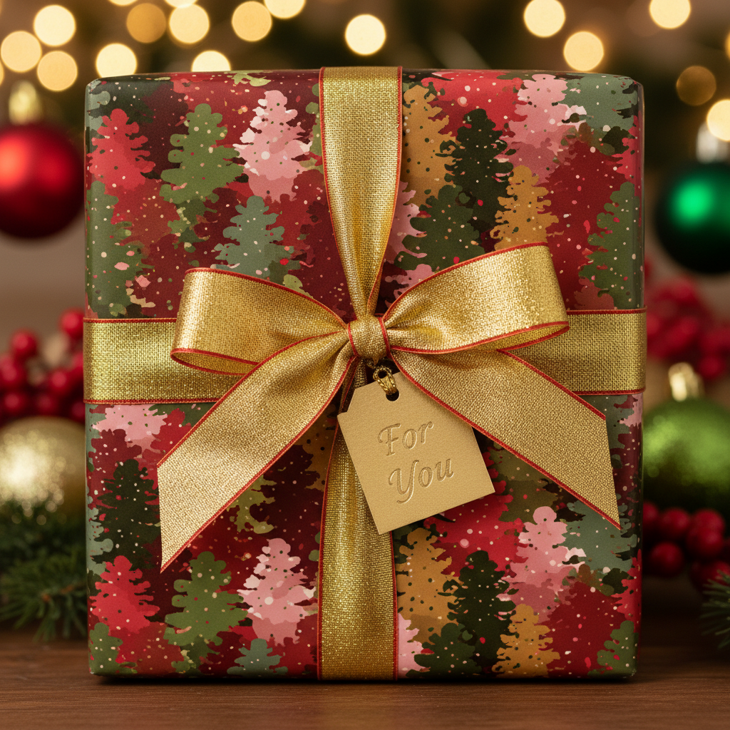 Christmas gift wrapped in tree-patterned paper with gold ribbon and "For You" tag.
