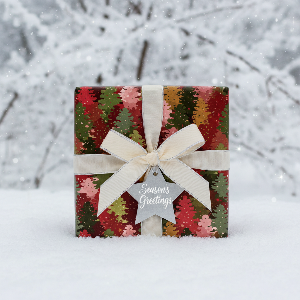 Festive Christmas gift wrap with cream ribbon, star tag, and colorful tree pattern in snowy outdoor setting.