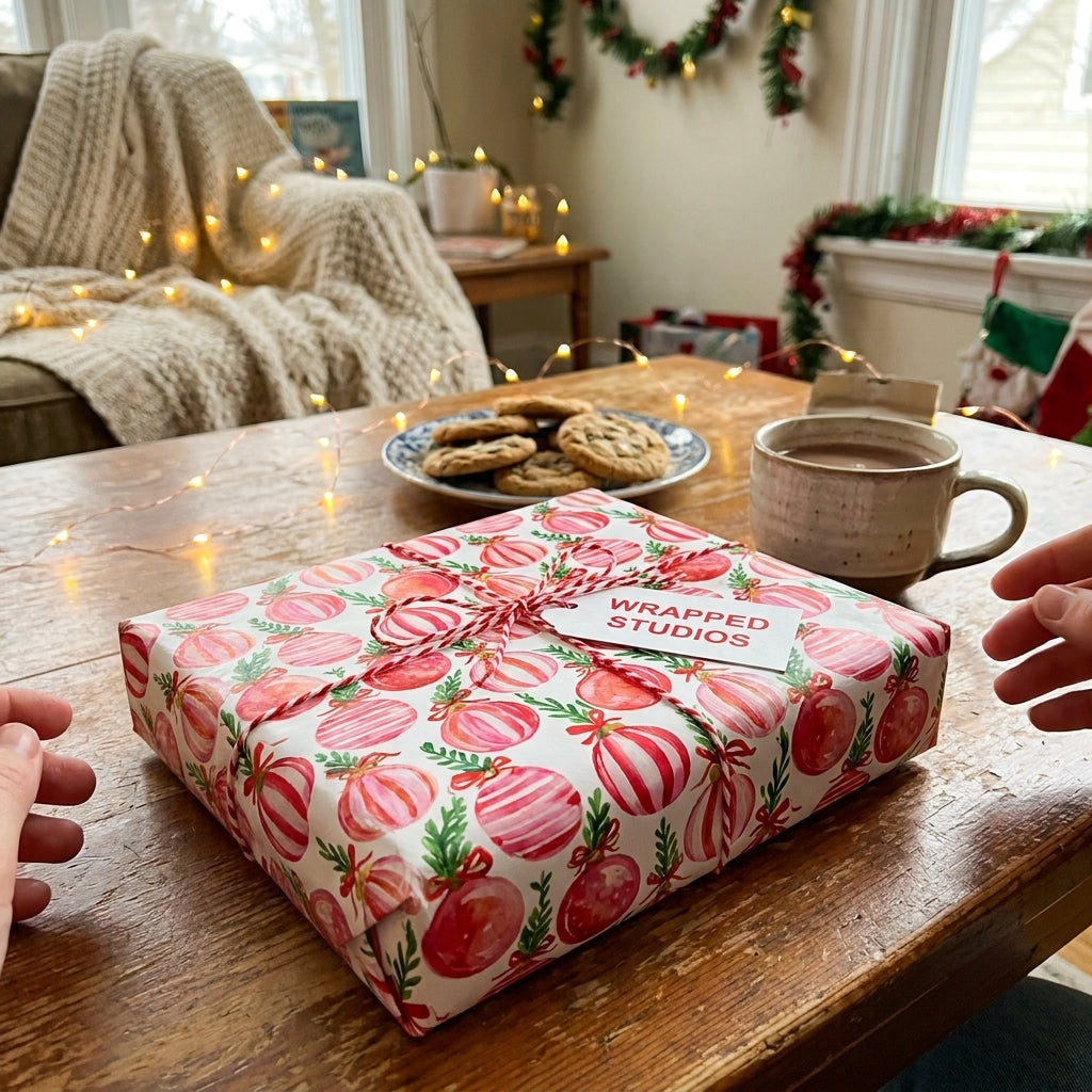 Cozy Christmas wrapping paper with red and pink ornaments on a gift box by Wrapped Studios.
