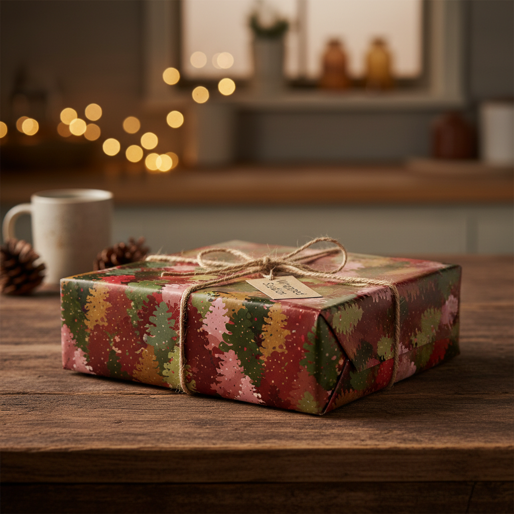 Rustic Christmas gift wrap with a forest tree pattern and twine bow on a wood table.