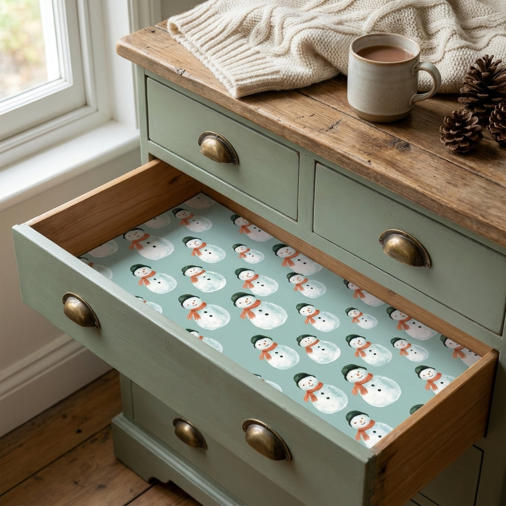 Cute snowman Christmas gift wrap by Wrapped Studios used as a drawer liner in a rustic dresser.