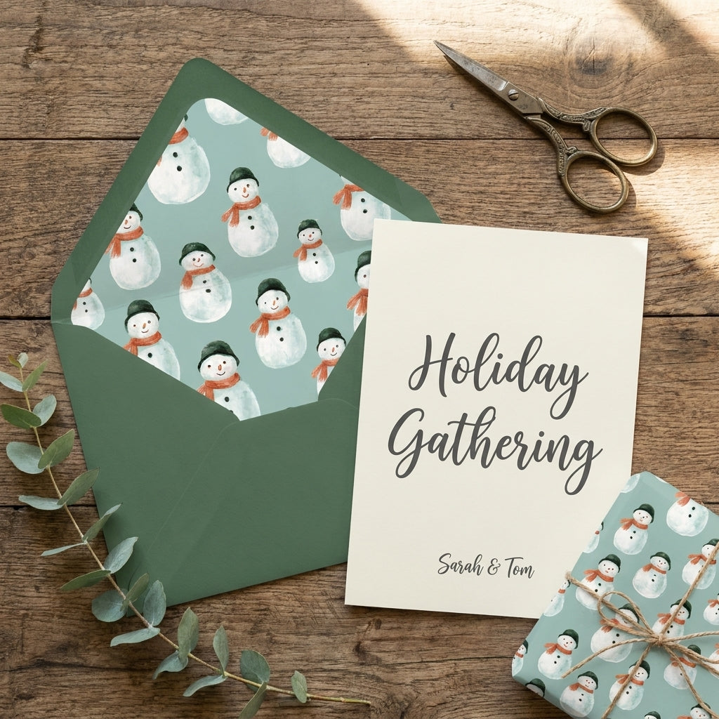 Cute snowman holiday wrapping paper and invitation card on a rustic wood table by Wrapped Studios.