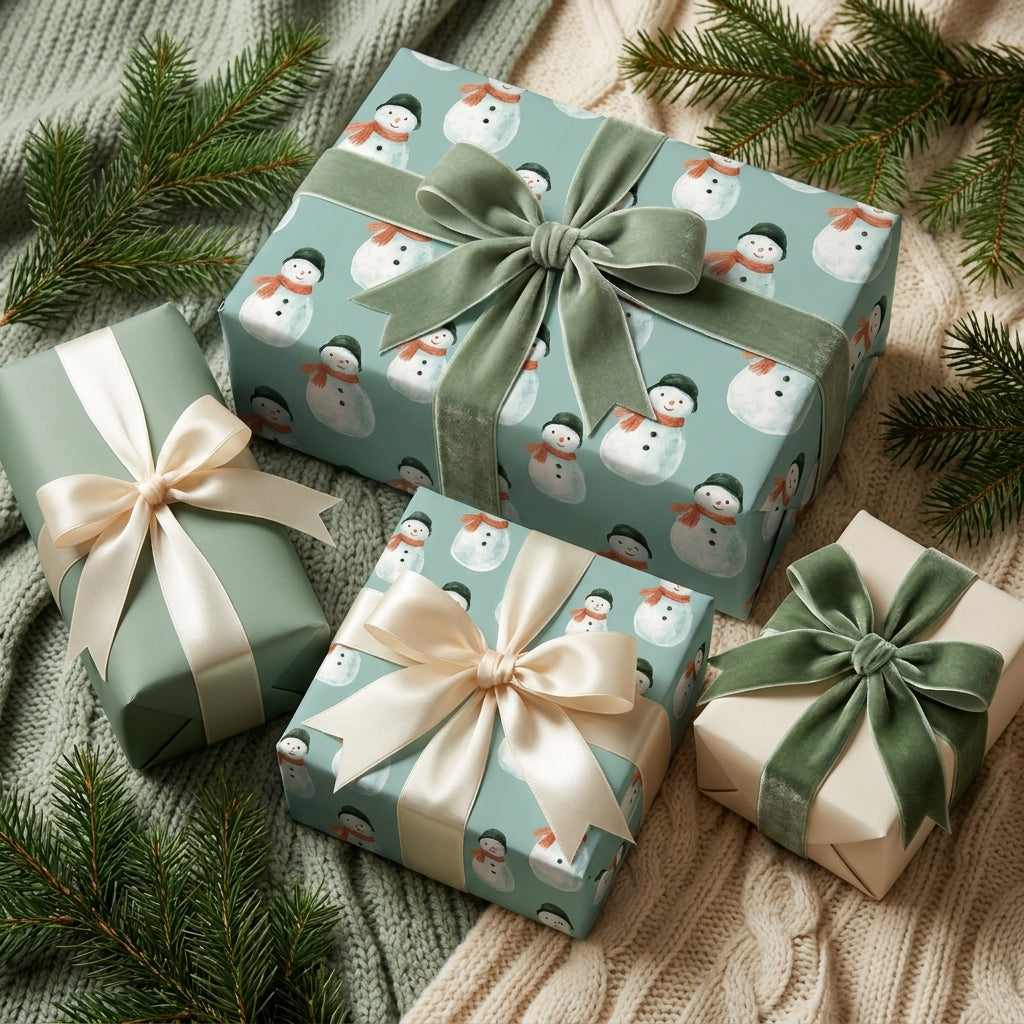 Sage green snowman Christmas wrapping paper with luxury velvet ribbons by Wrapped Studios.