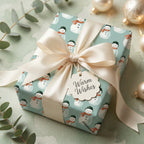 Snowman Christmas wrapping paper with a cream satin ribbon and gift tag by Wrapped Studios.
