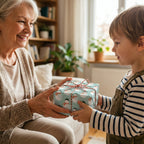 Blue snowman Christmas wrapping paper by Wrapped Studios on a gift shared by a grandmother and grandson.