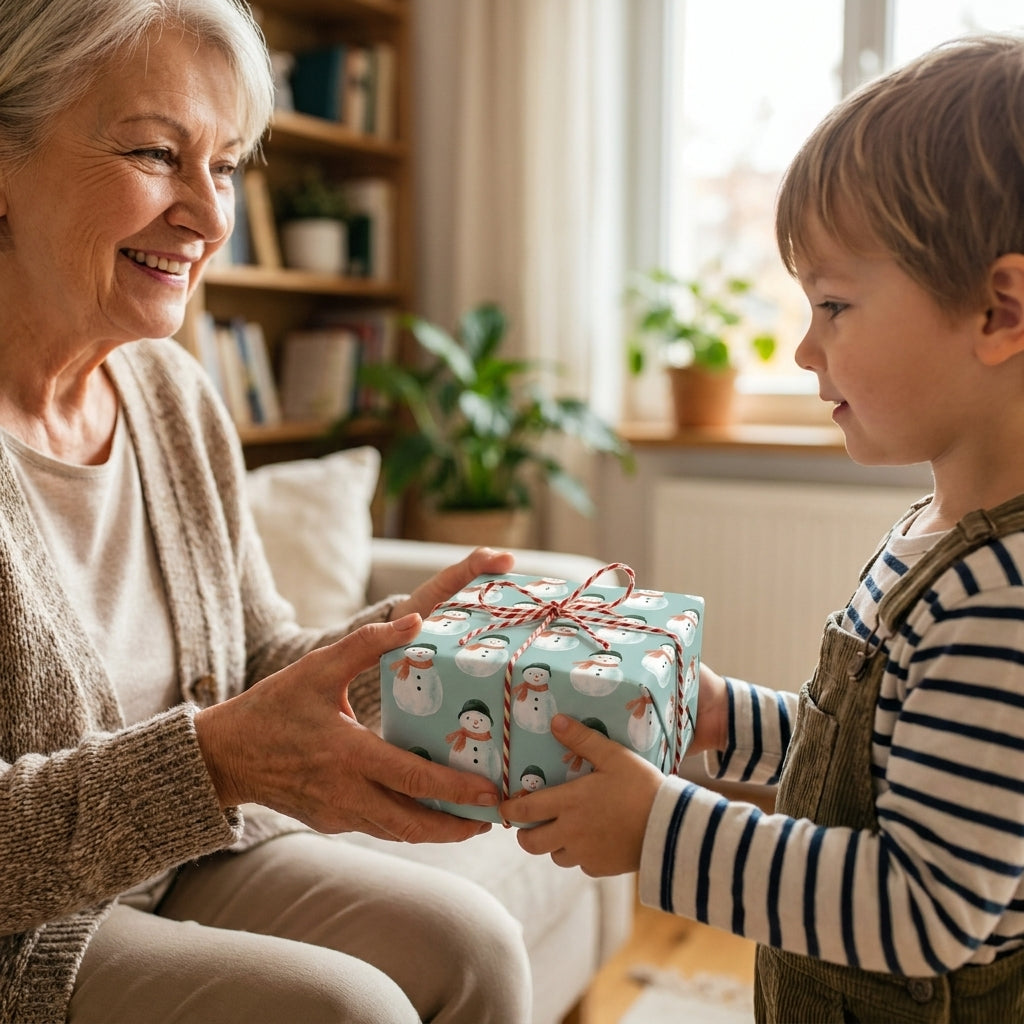 Blue snowman Christmas wrapping paper by Wrapped Studios on a gift shared by a grandmother and grandson.