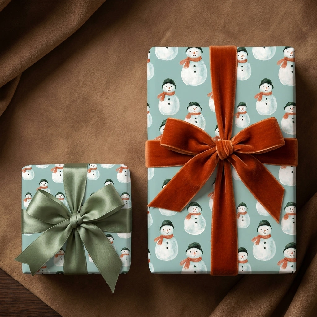 Snowman wrapping paper on Christmas gifts with luxury velvet ribbons by Wrapped Studios.