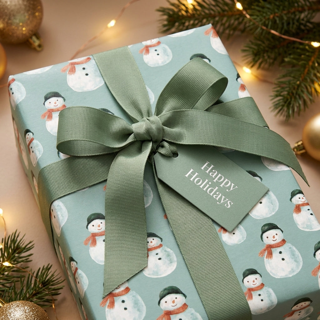 Cute snowman Christmas gift wrap with sage green ribbon and Happy Holidays tag by Wrapped Studios.