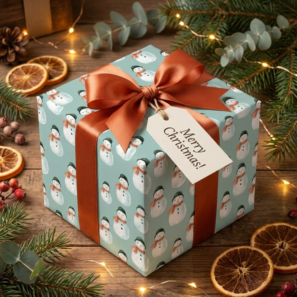 Snowman Christmas wrapping paper on a gift box with a copper ribbon by Wrapped Studios.