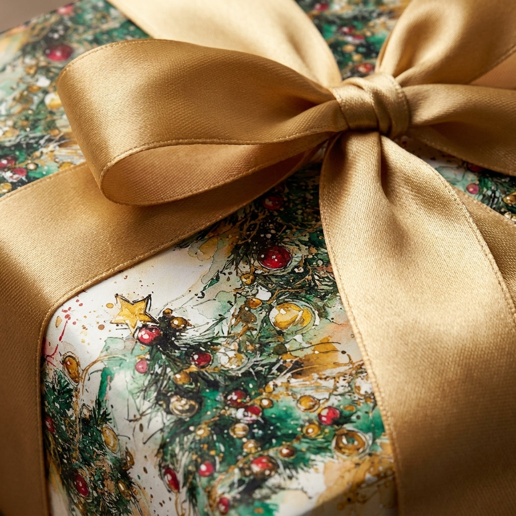 Luxury Christmas gift wrap with watercolor trees and a large gold satin bow by Wrapped Studios.