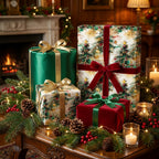 Luxury Christmas gift wrap with watercolor trees and elegant velvet ribbons by Wrapped Studios.