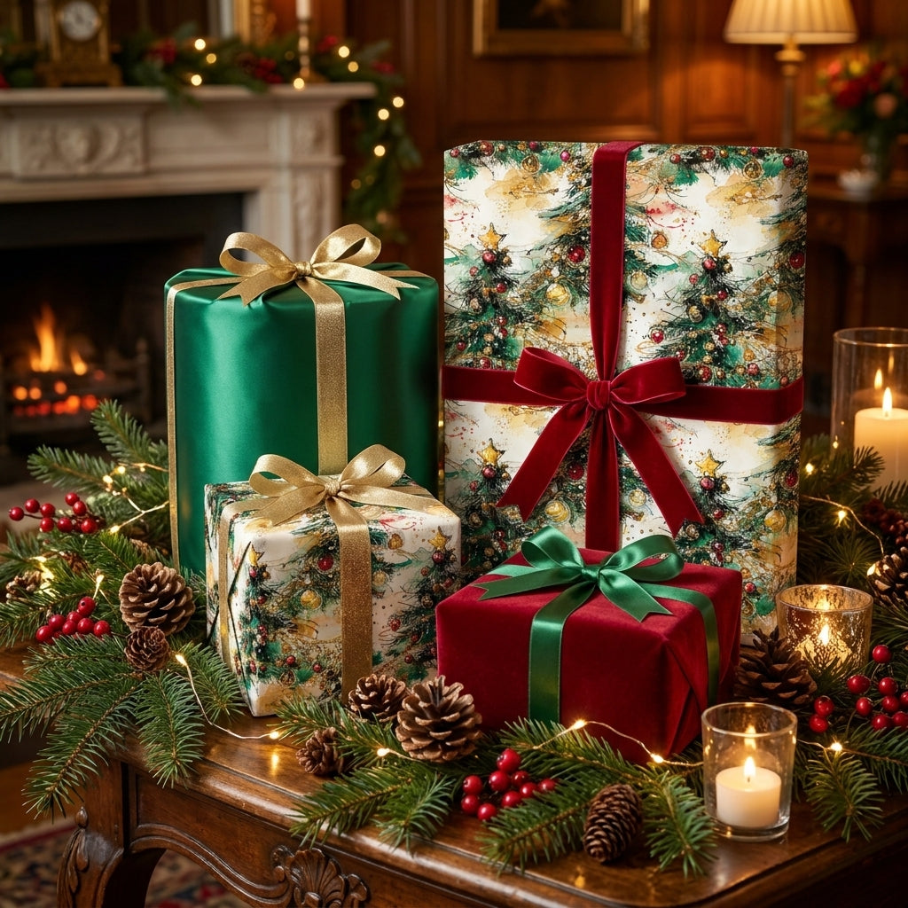 Luxury Christmas gift wrap with watercolor trees and elegant velvet ribbons by Wrapped Studios.