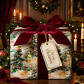 Luxury Christmas gift wrap with watercolor trees and burgundy velvet bow by Wrapped Studios.