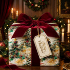 Luxury Christmas gift wrap with watercolor trees and burgundy velvet bow by Wrapped Studios.