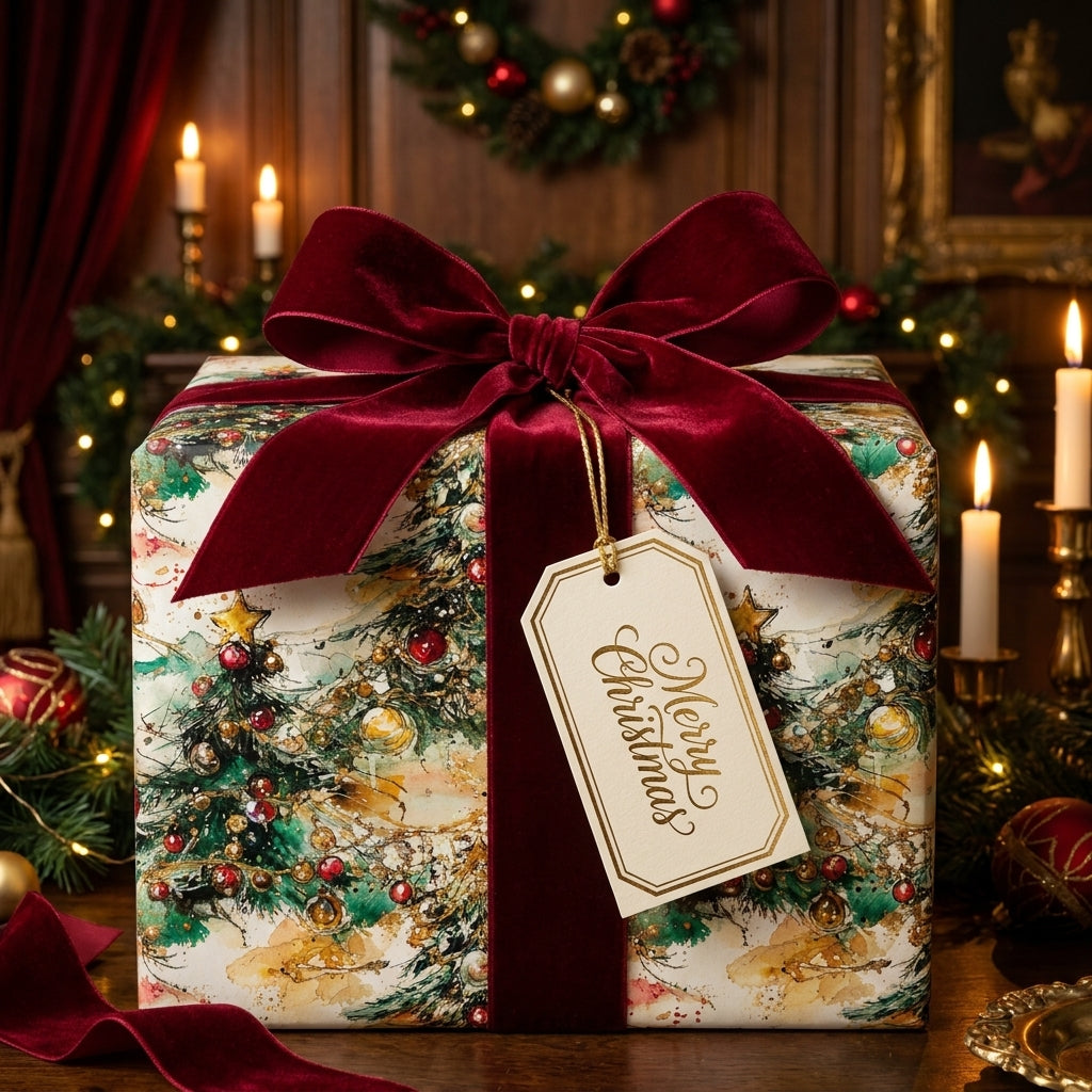 Luxury Christmas gift wrap with watercolor trees and burgundy velvet bow by Wrapped Studios.