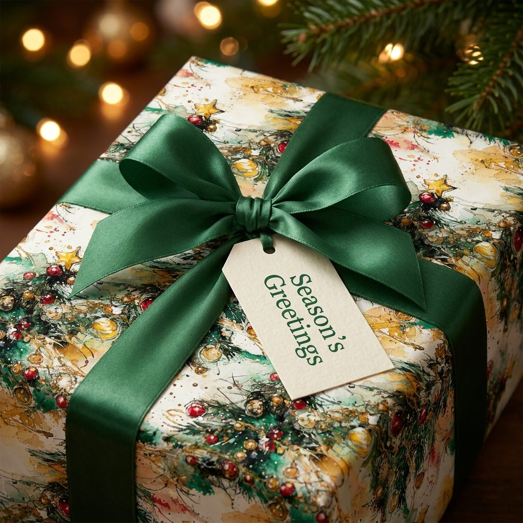 Watercolor Christmas wrapping paper with a green satin bow and Season's Greetings tag by Wrapped Studios.