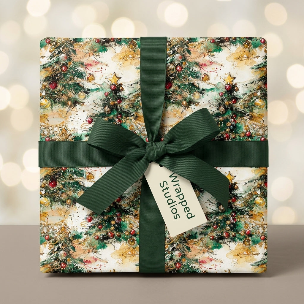 Watercolor Christmas tree wrapping paper with a green ribbon bow on a holiday gift box by Wrapped Studios.