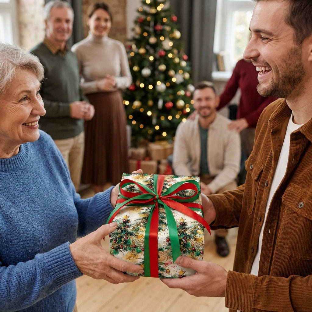 Exchanging a gift in festive Christmas wrapping paper with red and green ribbon, by Wrapped Studios.
