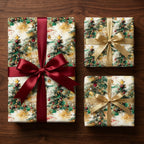 Watercolor Christmas tree wrapping paper with elegant red and gold ribbons by Wrapped Studios.